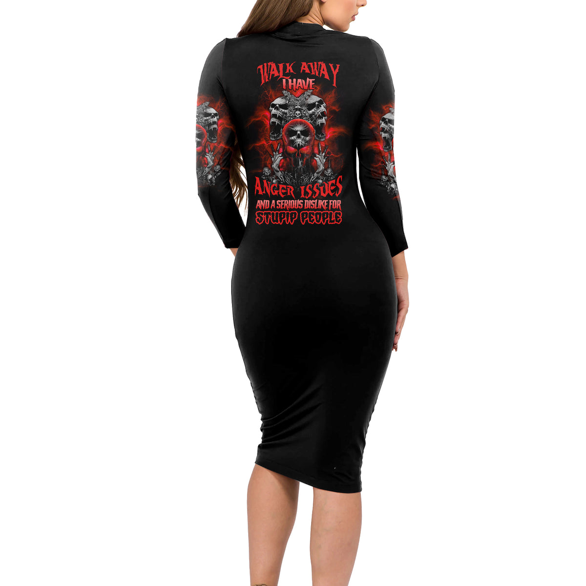 Walk Away I Have Anger Issues Skull Long Sleeve Bodycon Dress - Wonder Print Shop