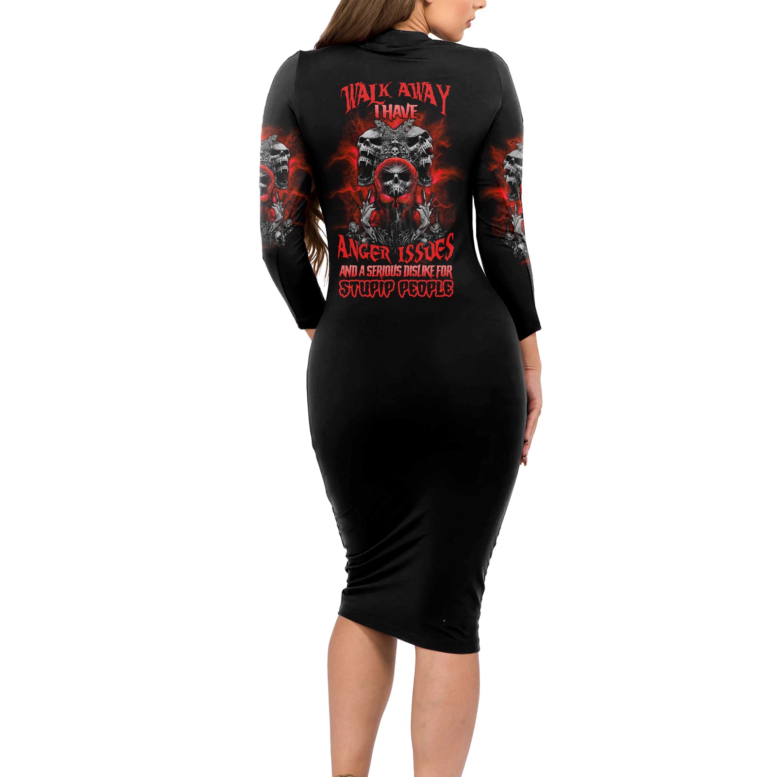 Walk Away I Have Anger Issues Skull Long Sleeve Bodycon Dress - Wonder Print Shop
