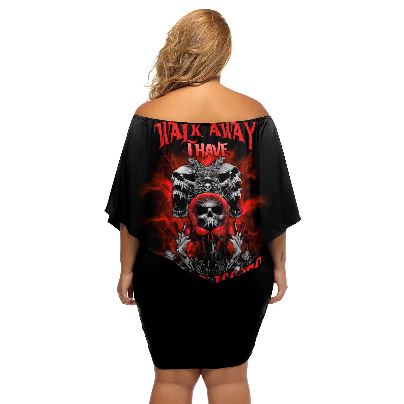 Walk Away I Have Anger Issues Skull Off Shoulder Short Dress - Wonder Print Shop