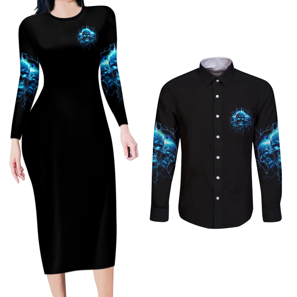 Your Demons Hide Under Your Bed Couples Matching Long Sleeve Bodycon Dress and Long Sleeve Button Shirt - Wonder Print Shop