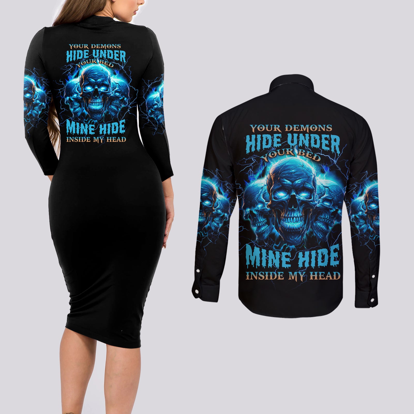 Your Demons Hide Under Your Bed Couples Matching Long Sleeve Bodycon Dress and Long Sleeve Button Shirt - Wonder Print Shop