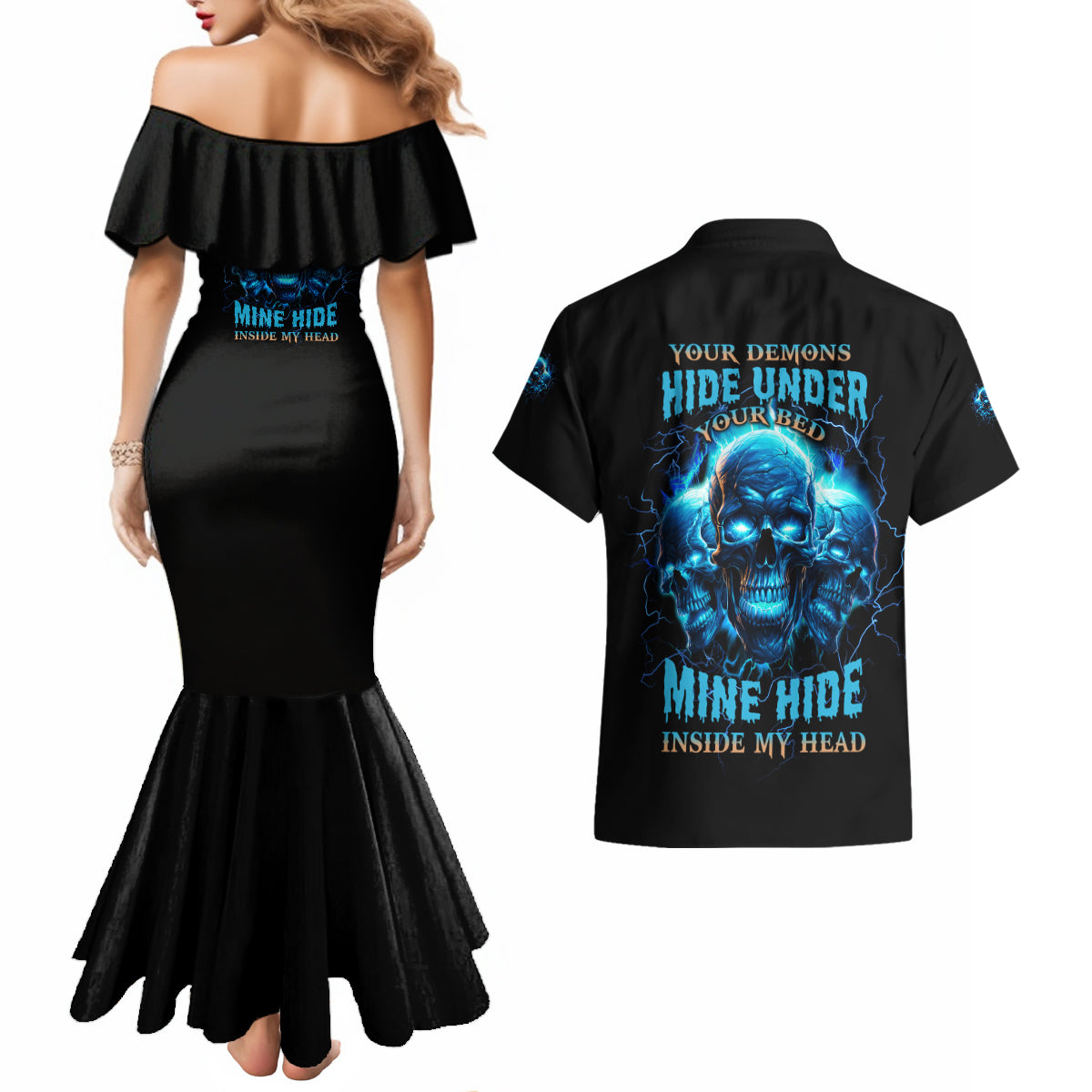 Your Demons Hide Under Your Bed Couples Matching Mermaid Dress and Hawaiian Shirt - Wonder Print Shop