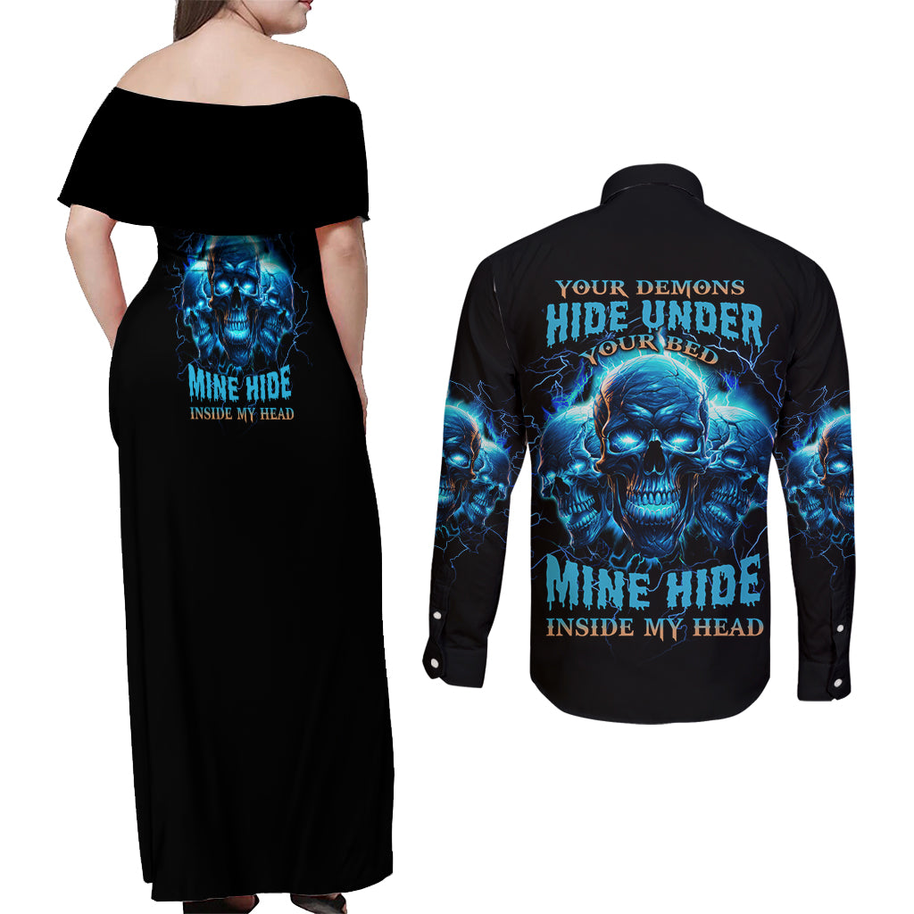 Your Demons Hide Under Your Bed Couples Matching Off Shoulder Maxi Dress and Long Sleeve Button Shirt - Wonder Print Shop