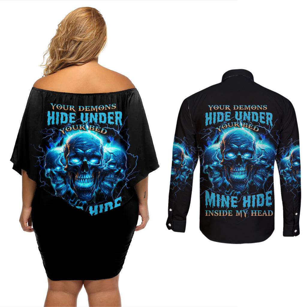 Your Demons Hide Under Your Bed Couples Matching Off Shoulder Short Dress and Long Sleeve Button Shirt - Wonder Print Shop