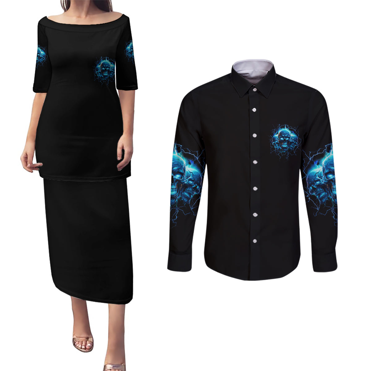 Your Demons Hide Under Your Bed Couples Matching Puletasi Dress and Long Sleeve Button Shirt - Wonder Print Shop