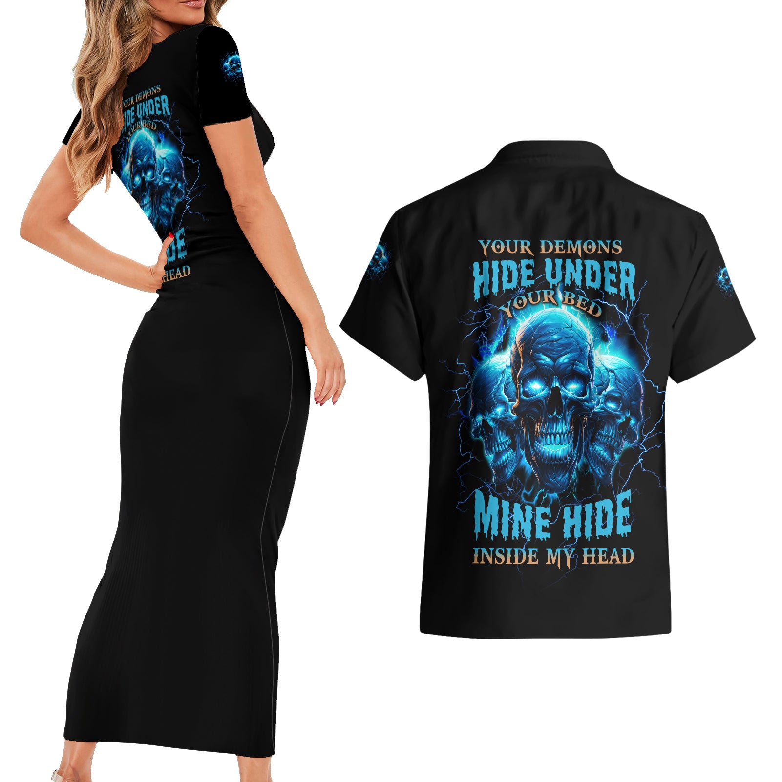 Your Demons Hide Under Your Bed Couples Matching Short Sleeve Bodycon Dress and Hawaiian Shirt - Wonder Print Shop