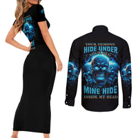 Your Demons Hide Under Your Bed Couples Matching Short Sleeve Bodycon Dress and Long Sleeve Button Shirt - Wonder Print Shop