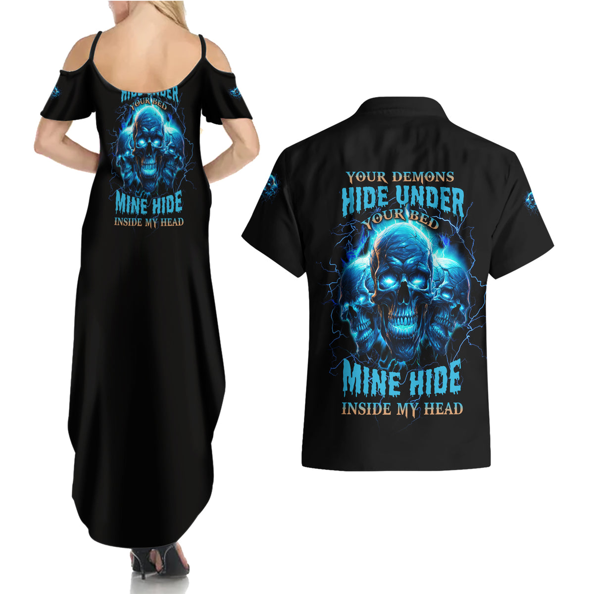 Your Demons Hide Under Your Bed Couples Matching Summer Maxi Dress and Hawaiian Shirt - Wonder Print Shop