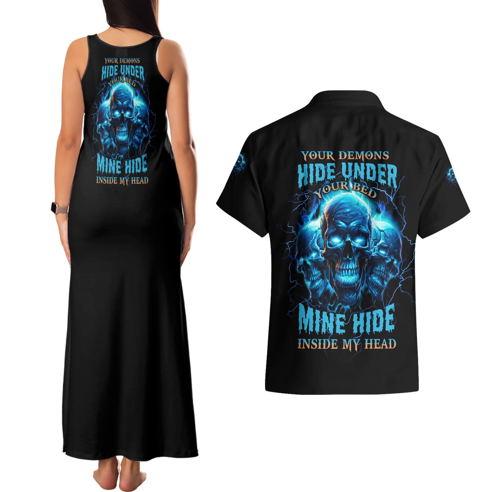 Your Demons Hide Under Your Bed Couples Matching Tank Maxi Dress and Hawaiian Shirt - Wonder Print Shop