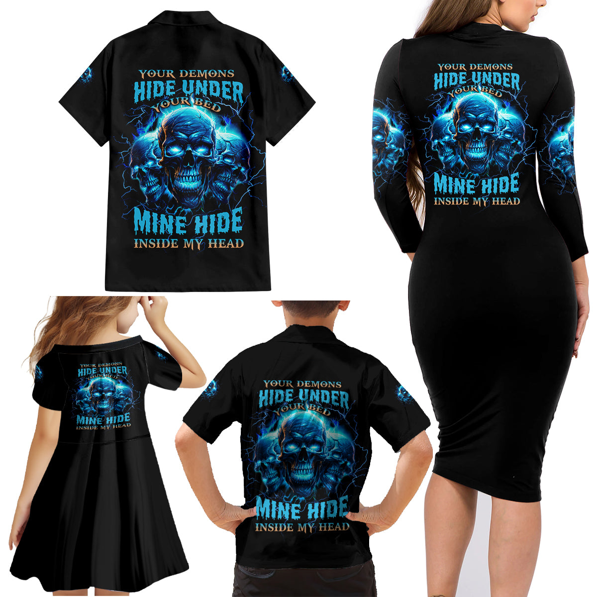 Your Demons Hide Under Your Bed Family Matching Long Sleeve Bodycon Dress and Hawaiian Shirt - Wonder Print Shop