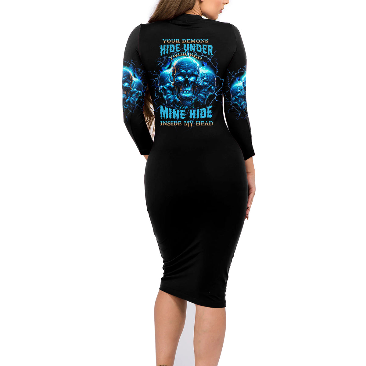 Your Demons Hide Under Your Bed Family Matching Long Sleeve Bodycon Dress and Hawaiian Shirt - Wonder Print Shop