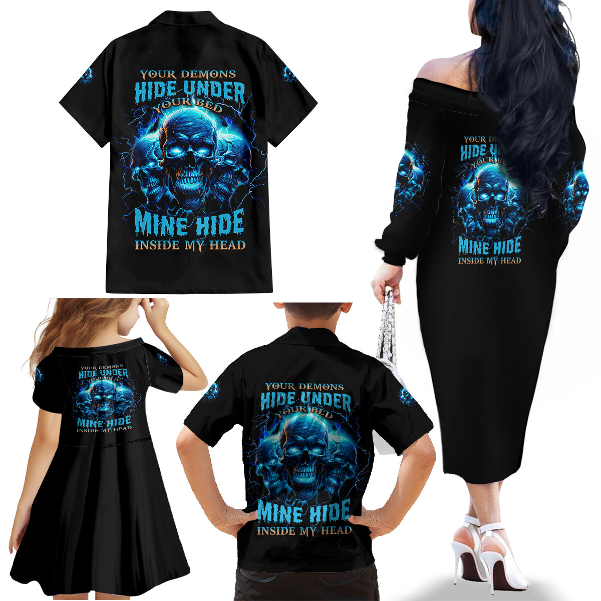 Your Demons Hide Under Your Bed Family Matching Off Shoulder Long Sleeve Dress and Hawaiian Shirt - Wonder Print Shop