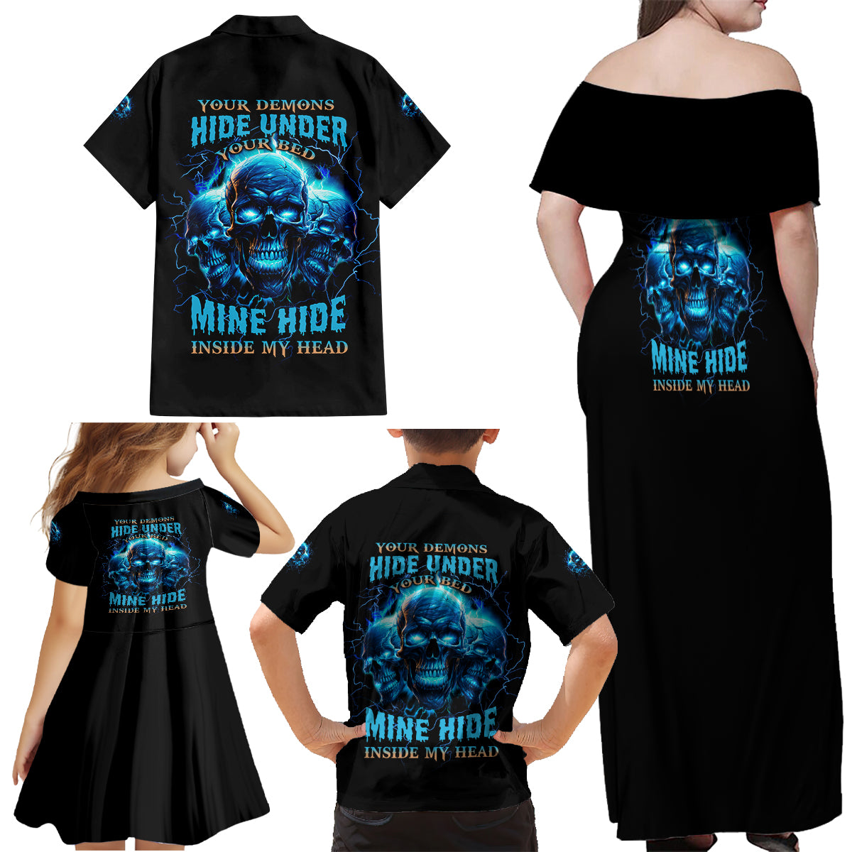 Your Demons Hide Under Your Bed Family Matching Off Shoulder Maxi Dress and Hawaiian Shirt - Wonder Print Shop