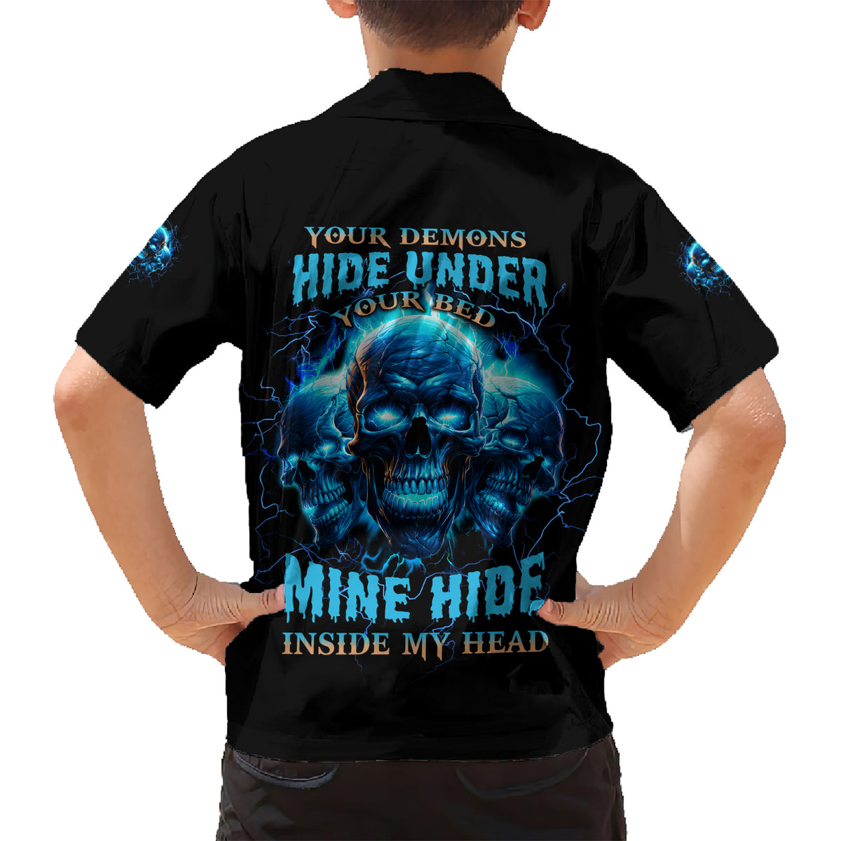Your Demons Hide Under Your Bed Family Matching Short Sleeve Bodycon Dress and Hawaiian Shirt - Wonder Print Shop