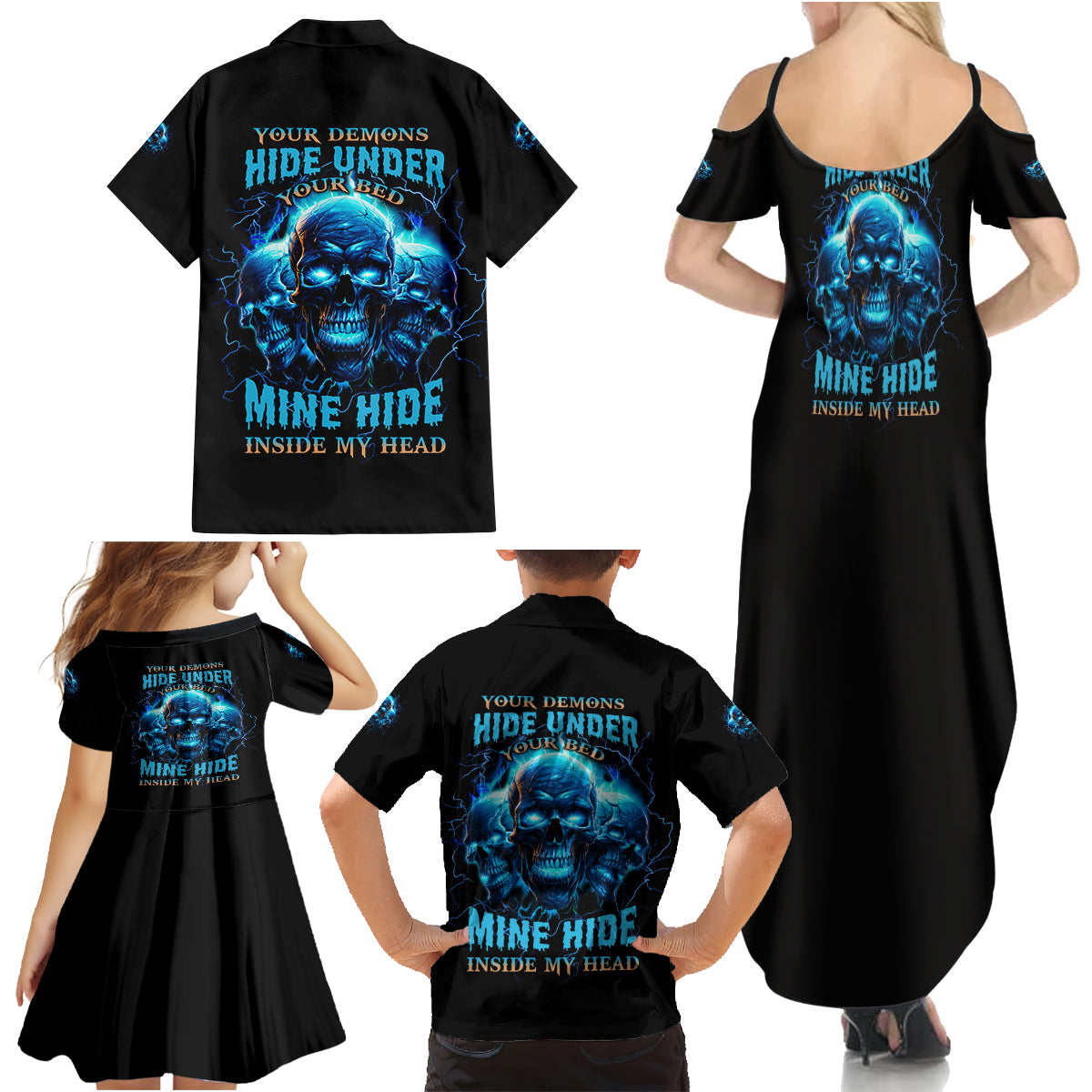 Your Demons Hide Under Your Bed Family Matching Summer Maxi Dress and Hawaiian Shirt - Wonder Print Shop