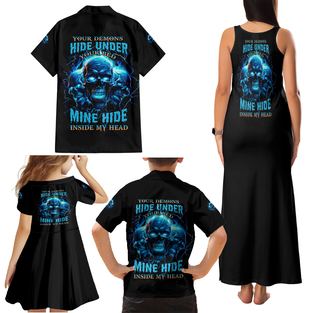 Your Demons Hide Under Your Bed Family Matching Tank Maxi Dress and Hawaiian Shirt - Wonder Print Shop