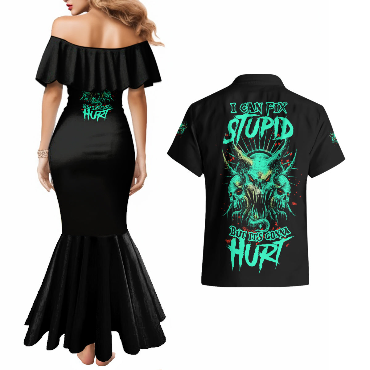 I Can Fix Stupid But It's Gonna Hurt Couples Matching Mermaid Dress and Hawaiian Shirt - Wonder Print Shop