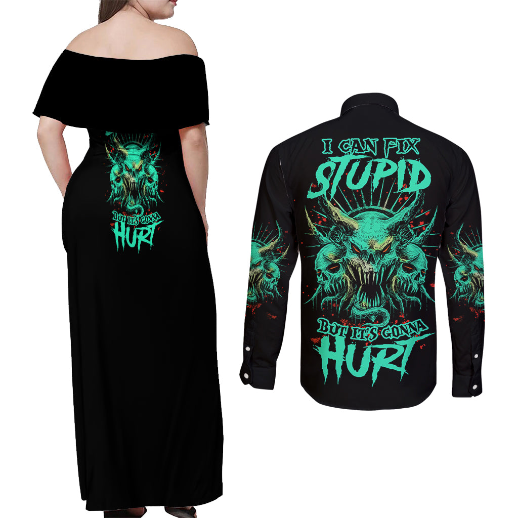 I Can Fix Stupid But It's Gonna Hurt Couples Matching Off Shoulder Maxi Dress and Long Sleeve Button Shirt - Wonder Print Shop