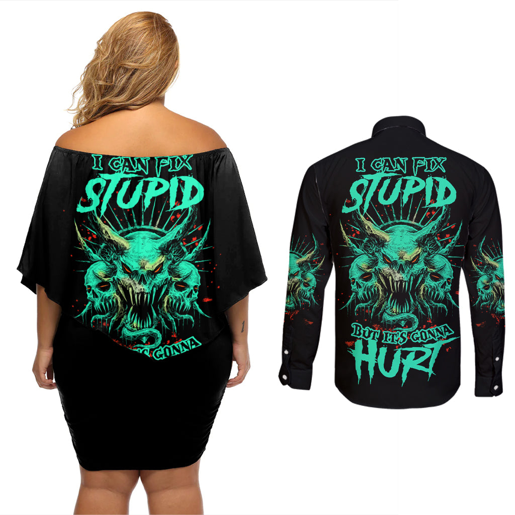I Can Fix Stupid But It's Gonna Hurt Couples Matching Off Shoulder Short Dress and Long Sleeve Button Shirt - Wonder Print Shop