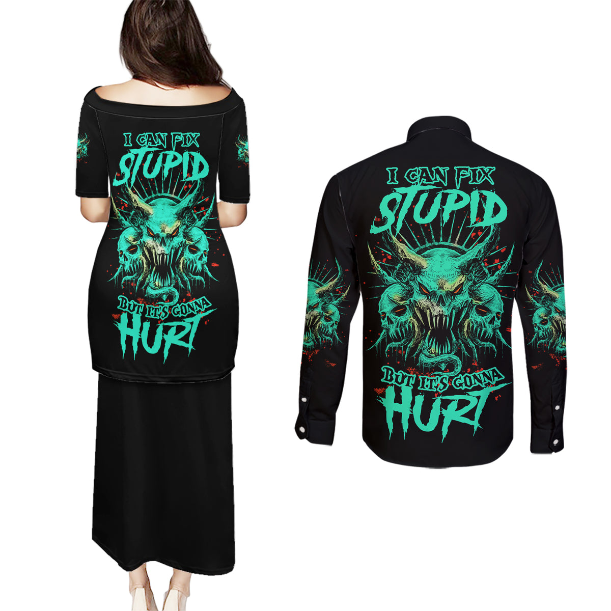 I Can Fix Stupid But It's Gonna Hurt Couples Matching Puletasi Dress and Long Sleeve Button Shirt - Wonder Print Shop
