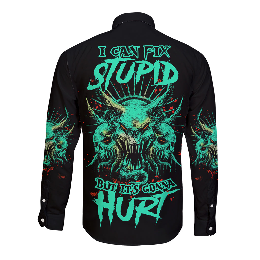 I Can Fix Stupid But It's Gonna Hurt Long Sleeve Button Shirt - Wonder Print Shop