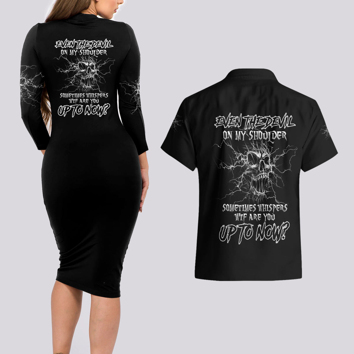 Even The Devil On My Shoulder Couples Matching Long Sleeve Bodycon Dress and Hawaiian Shirt - Wonder Print Shop