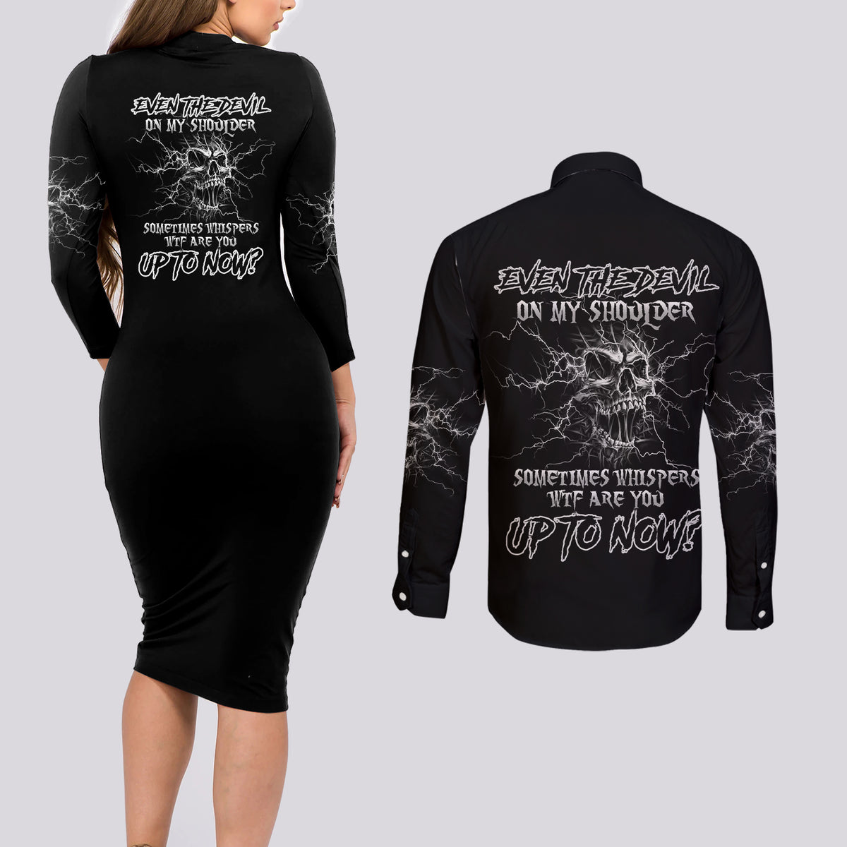 Even The Devil On My Shoulder Couples Matching Long Sleeve Bodycon Dress and Long Sleeve Button Shirt - Wonder Print Shop