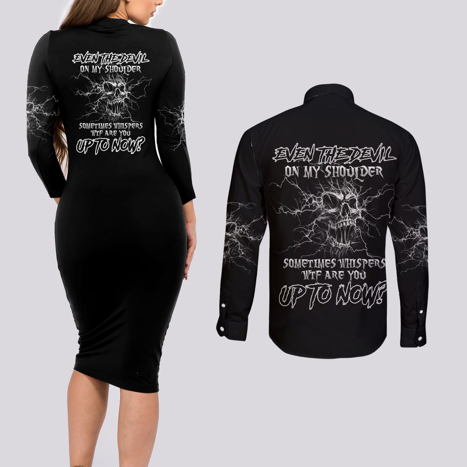 Even The Devil On My Shoulder Couples Matching Long Sleeve Bodycon Dress and Long Sleeve Button Shirt - Wonder Print Shop