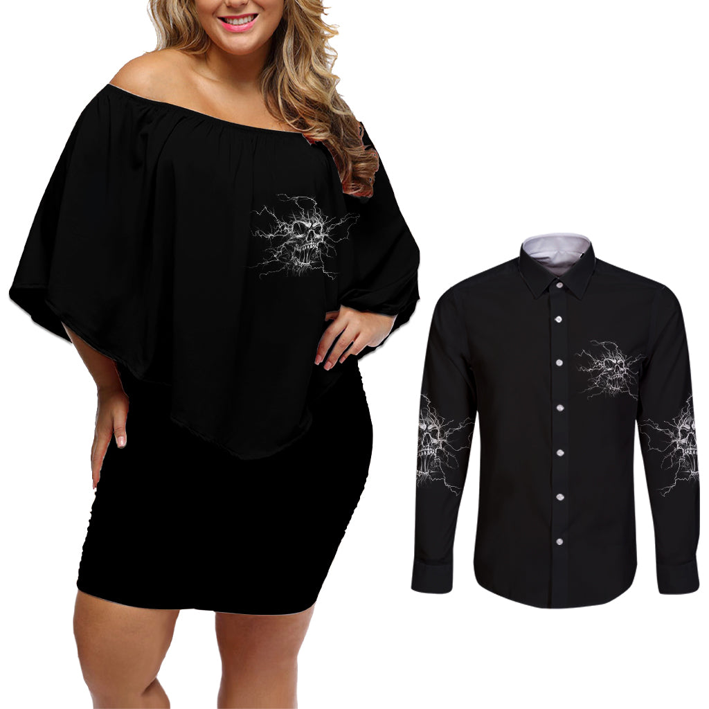 Even The Devil On My Shoulder Couples Matching Off Shoulder Short Dress and Long Sleeve Button Shirt - Wonder Print Shop