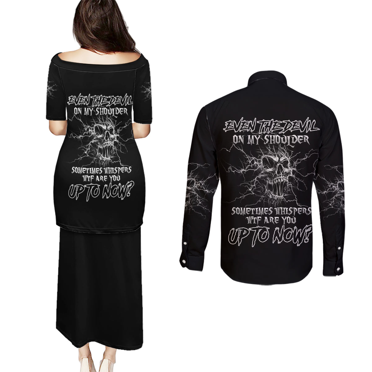 Even The Devil On My Shoulder Couples Matching Puletasi Dress and Long Sleeve Button Shirt - Wonder Print Shop