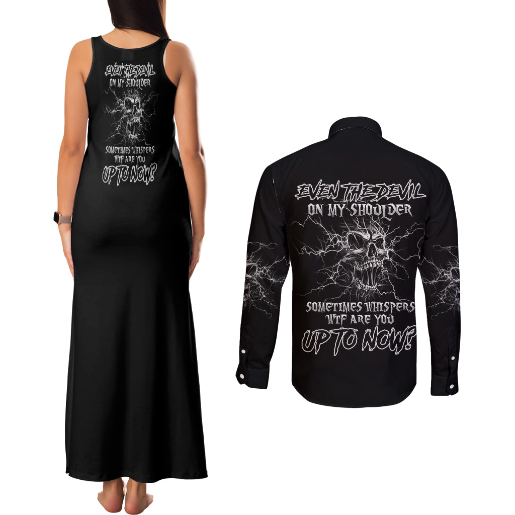 Even The Devil On My Shoulder Couples Matching Tank Maxi Dress and Long Sleeve Button Shirt - Wonder Print Shop