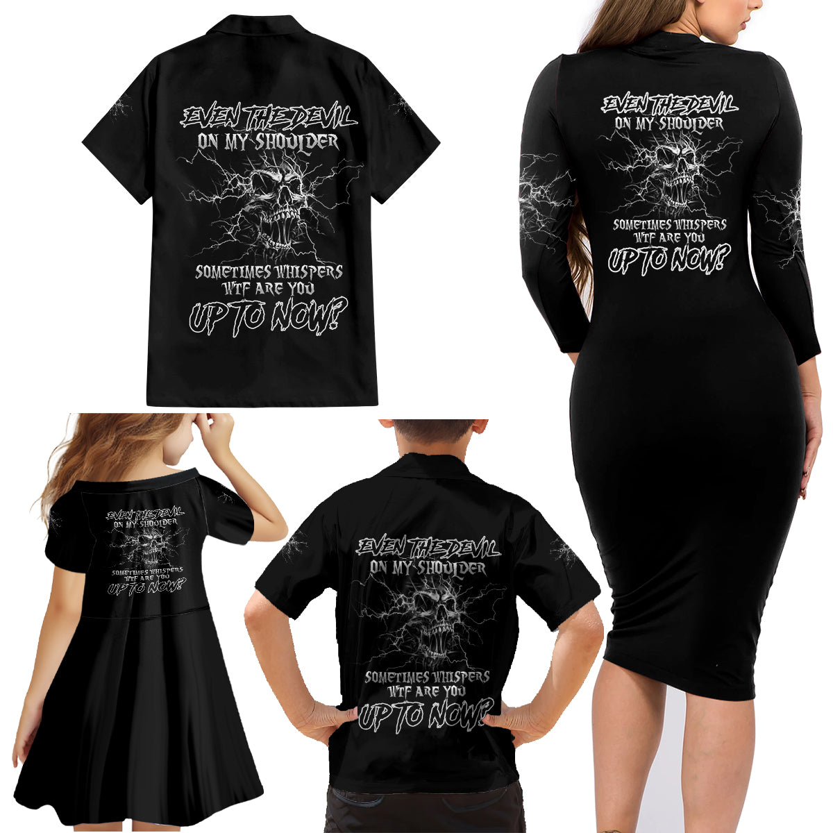 Even The Devil On My Shoulder Family Matching Long Sleeve Bodycon Dress and Hawaiian Shirt - Wonder Print Shop