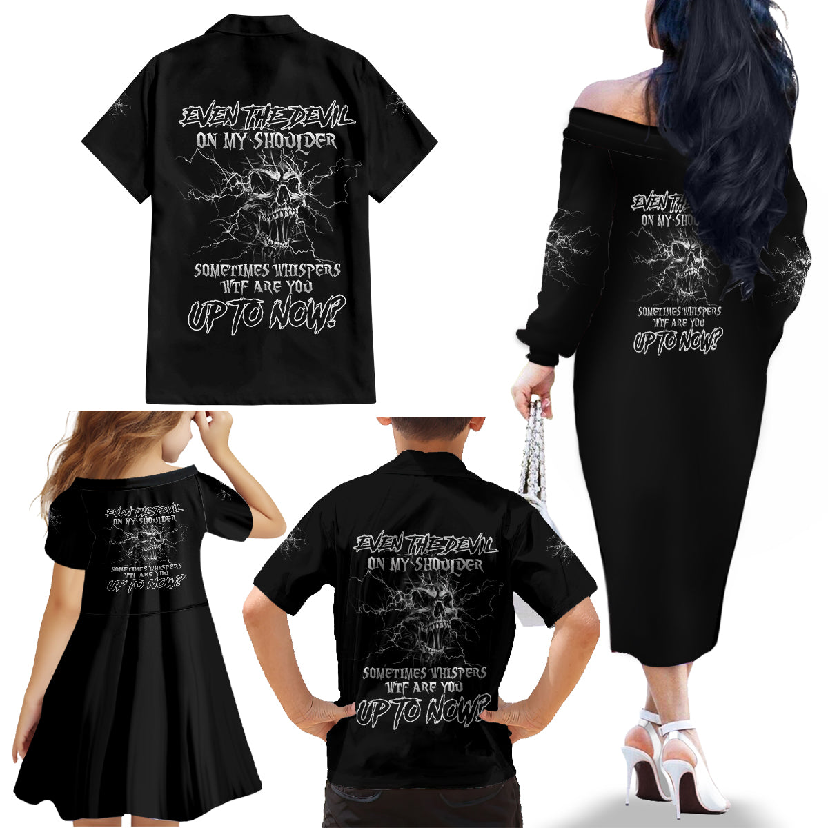 Even The Devil On My Shoulder Family Matching Off Shoulder Long Sleeve Dress and Hawaiian Shirt - Wonder Print Shop