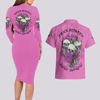 Stuck Between Idk Idc And IDGAF Pink Couples Matching Long Sleeve Bodycon Dress and Hawaiian Shirt - Wonder Print Shop