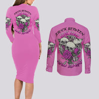 Stuck Between Idk Idc And IDGAF Pink Couples Matching Long Sleeve Bodycon Dress and Long Sleeve Button Shirt - Wonder Print Shop