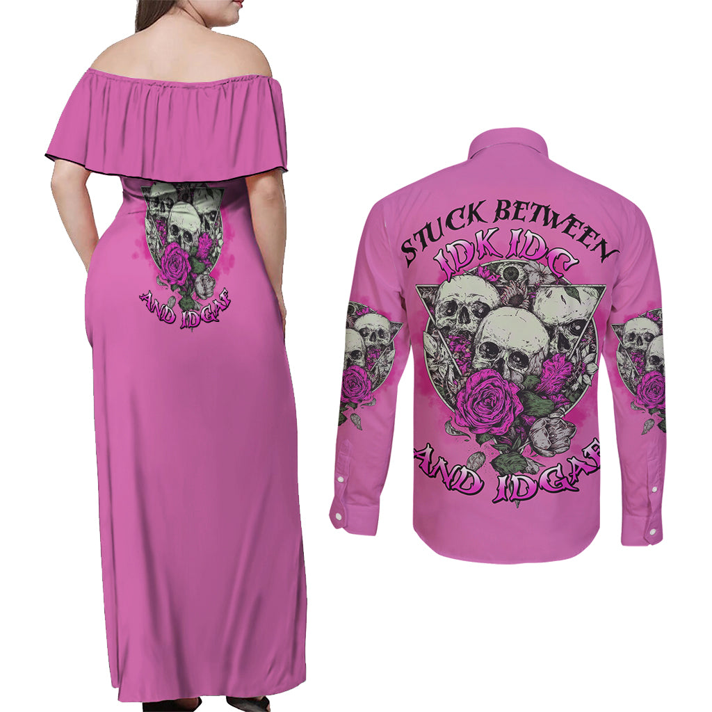 Stuck Between Idk Idc And IDGAF Pink Couples Matching Off Shoulder Maxi Dress and Long Sleeve Button Shirt - Wonder Print Shop