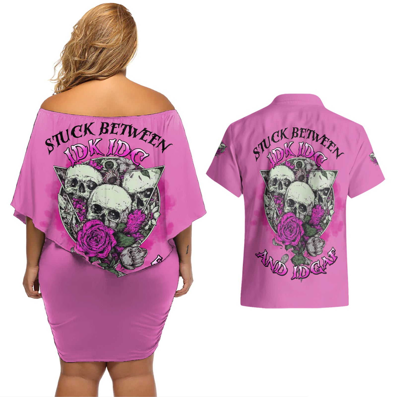 Stuck Between Idk Idc And IDGAF Pink Couples Matching Off Shoulder Short Dress and Hawaiian Shirt - Wonder Print Shop