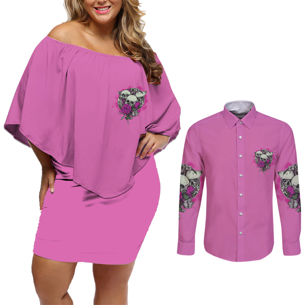 Stuck Between Idk Idc And IDGAF Pink Couples Matching Off Shoulder Short Dress and Long Sleeve Button Shirt - Wonder Print Shop