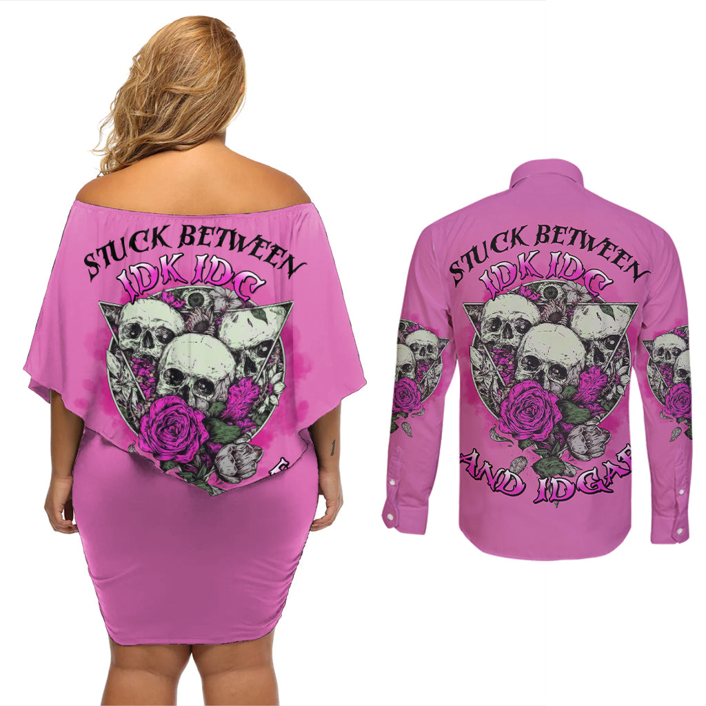 Stuck Between Idk Idc And IDGAF Pink Couples Matching Off Shoulder Short Dress and Long Sleeve Button Shirt - Wonder Print Shop