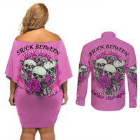 Stuck Between Idk Idc And IDGAF Pink Couples Matching Off Shoulder Short Dress and Long Sleeve Button Shirt - Wonder Print Shop