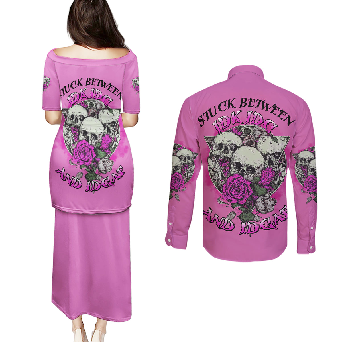 Stuck Between Idk Idc And IDGAF Pink Couples Matching Puletasi Dress and Long Sleeve Button Shirt - Wonder Print Shop