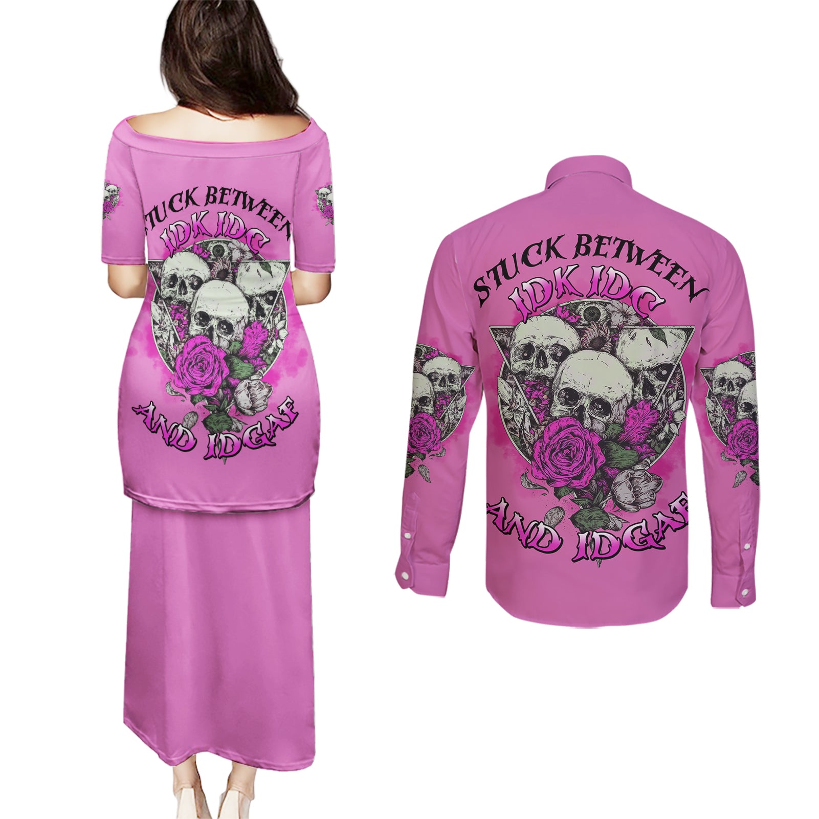 Stuck Between Idk Idc And IDGAF Pink Couples Matching Puletasi Dress and Long Sleeve Button Shirt - Wonder Print Shop