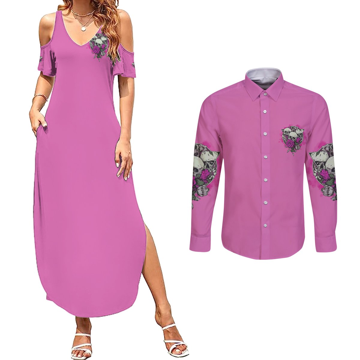 Stuck Between Idk Idc And IDGAF Pink Couples Matching Summer Maxi Dress and Long Sleeve Button Shirt - Wonder Print Shop