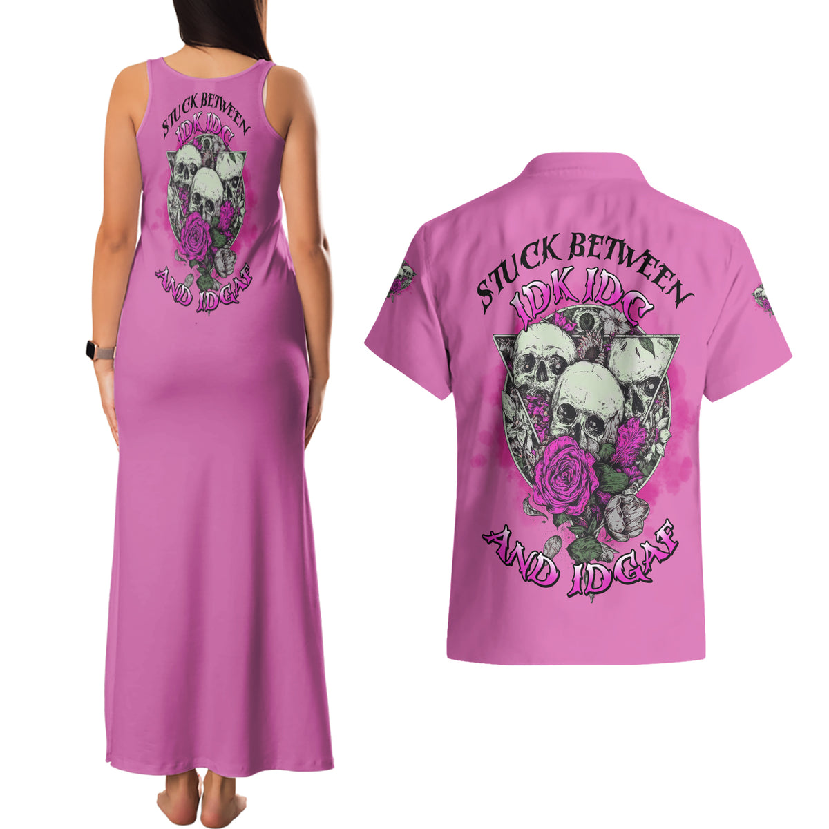 Stuck Between Idk Idc And IDGAF Pink Couples Matching Tank Maxi Dress and Hawaiian Shirt - Wonder Print Shop