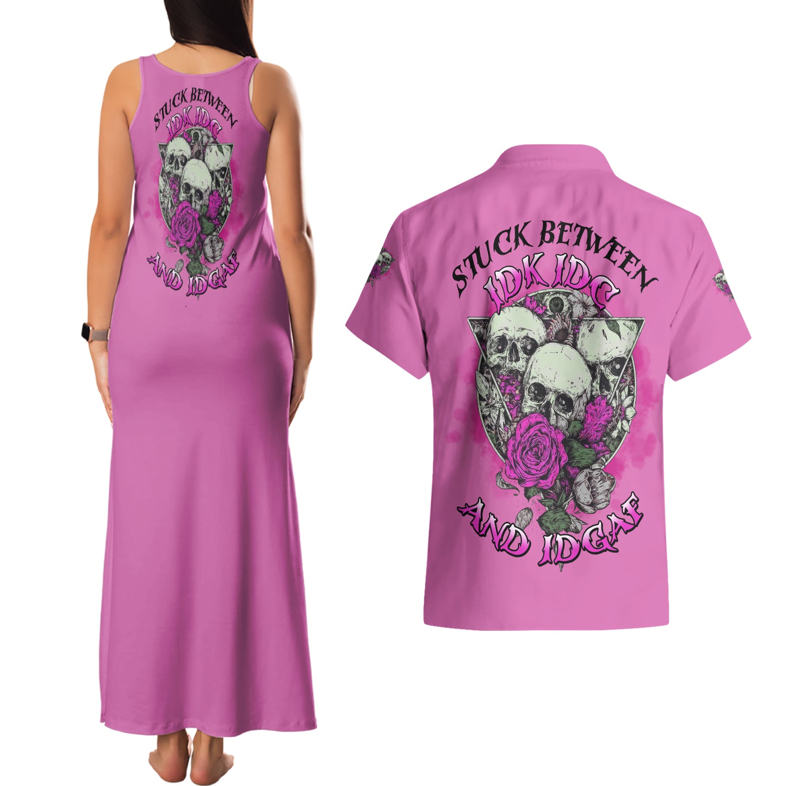 Stuck Between Idk Idc And IDGAF Pink Couples Matching Tank Maxi Dress and Hawaiian Shirt - Wonder Print Shop