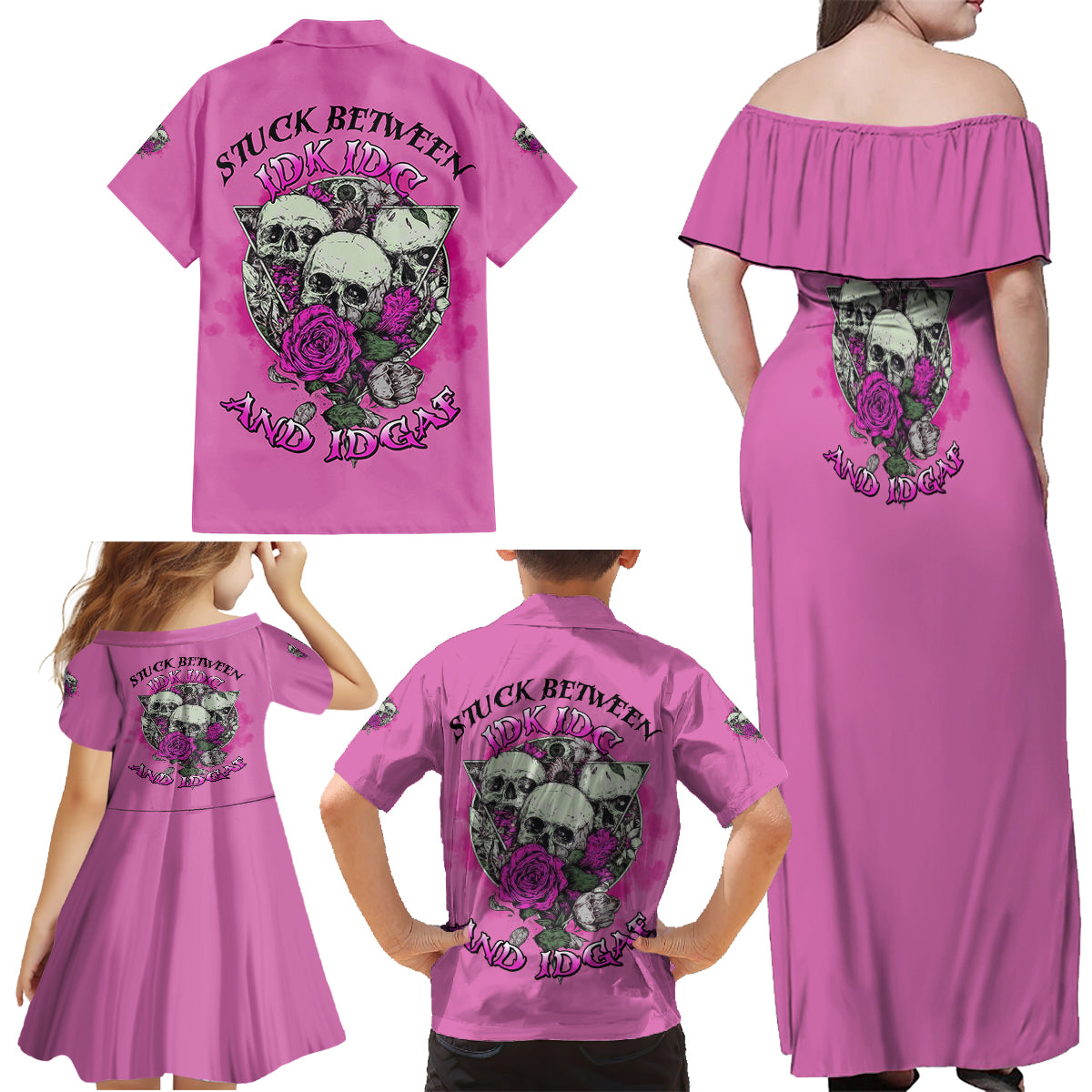 Stuck Between Idk Idc And IDGAF Pink Family Matching Off Shoulder Maxi Dress and Hawaiian Shirt - Wonder Print Shop