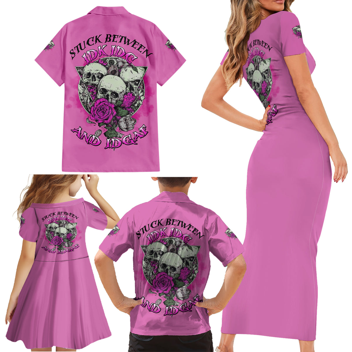 Stuck Between Idk Idc And IDGAF Pink Family Matching Short Sleeve Bodycon Dress and Hawaiian Shirt - Wonder Print Shop
