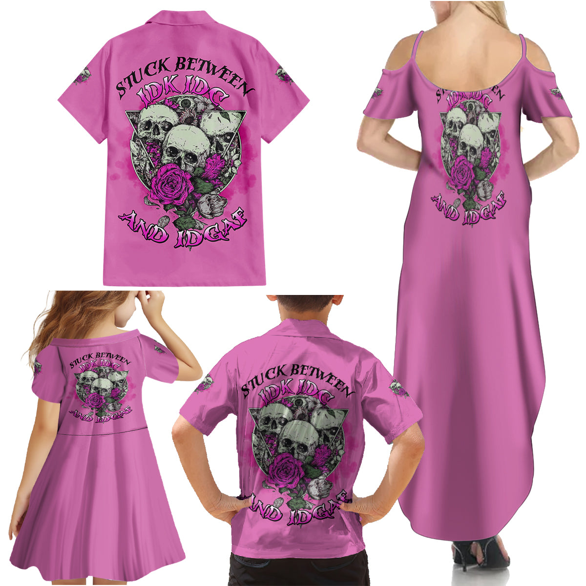 Stuck Between Idk Idc And IDGAF Pink Family Matching Summer Maxi Dress and Hawaiian Shirt - Wonder Print Shop