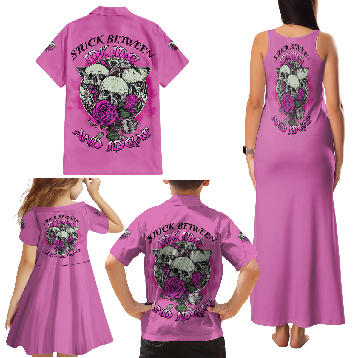 Stuck Between Idk Idc And IDGAF Pink Family Matching Tank Maxi Dress and Hawaiian Shirt - Wonder Print Shop