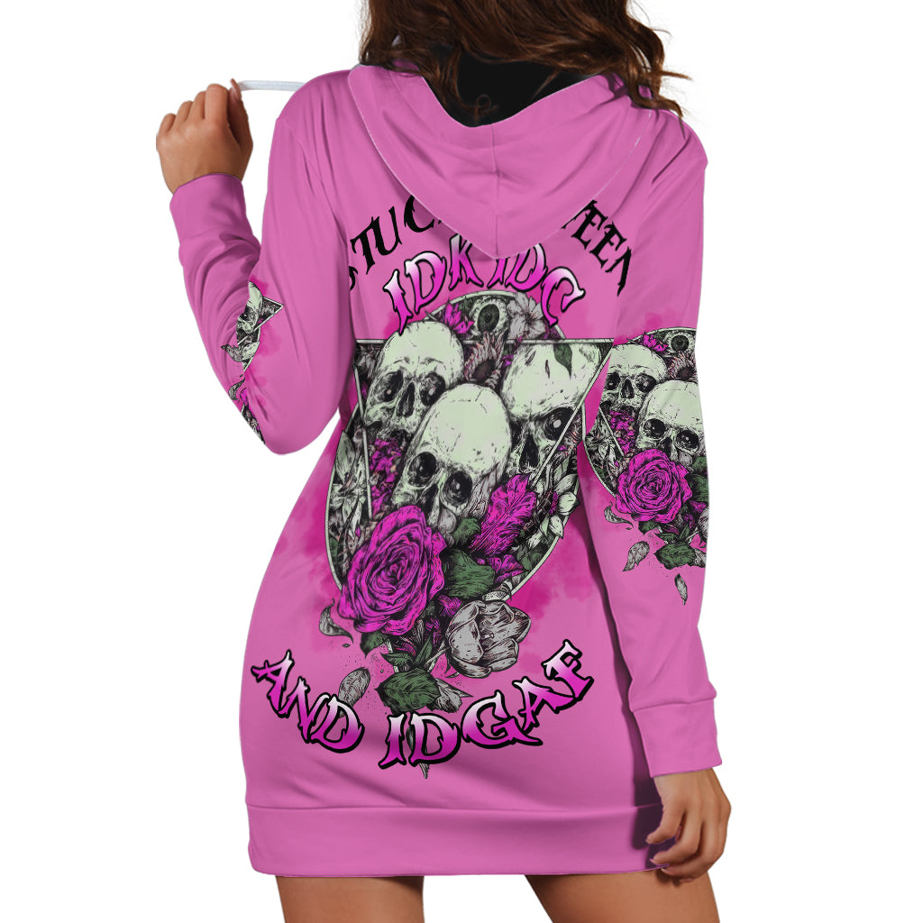 Stuck Between Idk Idc And IDGAF Pink Hoodie Dress - Wonder Print Shop